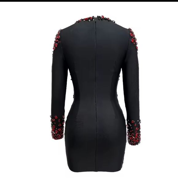 Long Sleeve Red Crystal V-Neck Bodycon Mini Bandage Dress - Picture 5 of 12